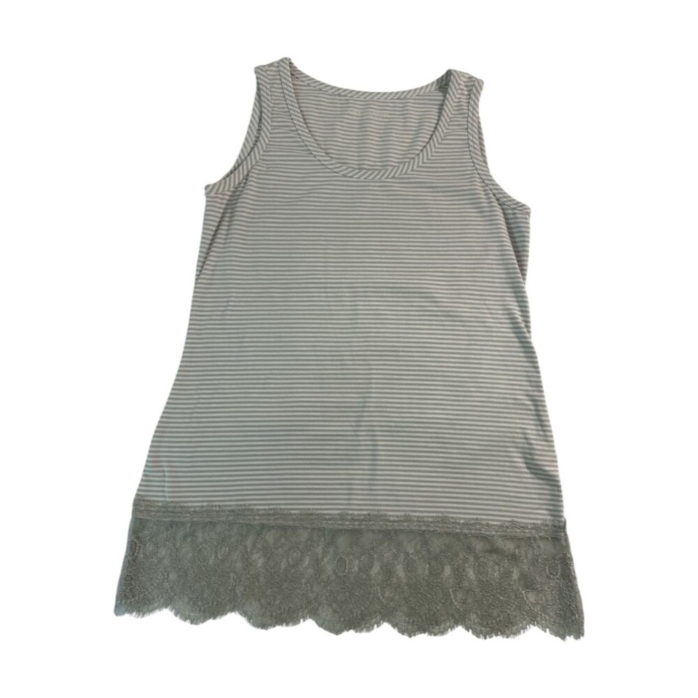 Soft Surroundings Lace Hem Tunic Tank Small Gray White Stripe Boho Flowy Soft - Picture 6 of 7